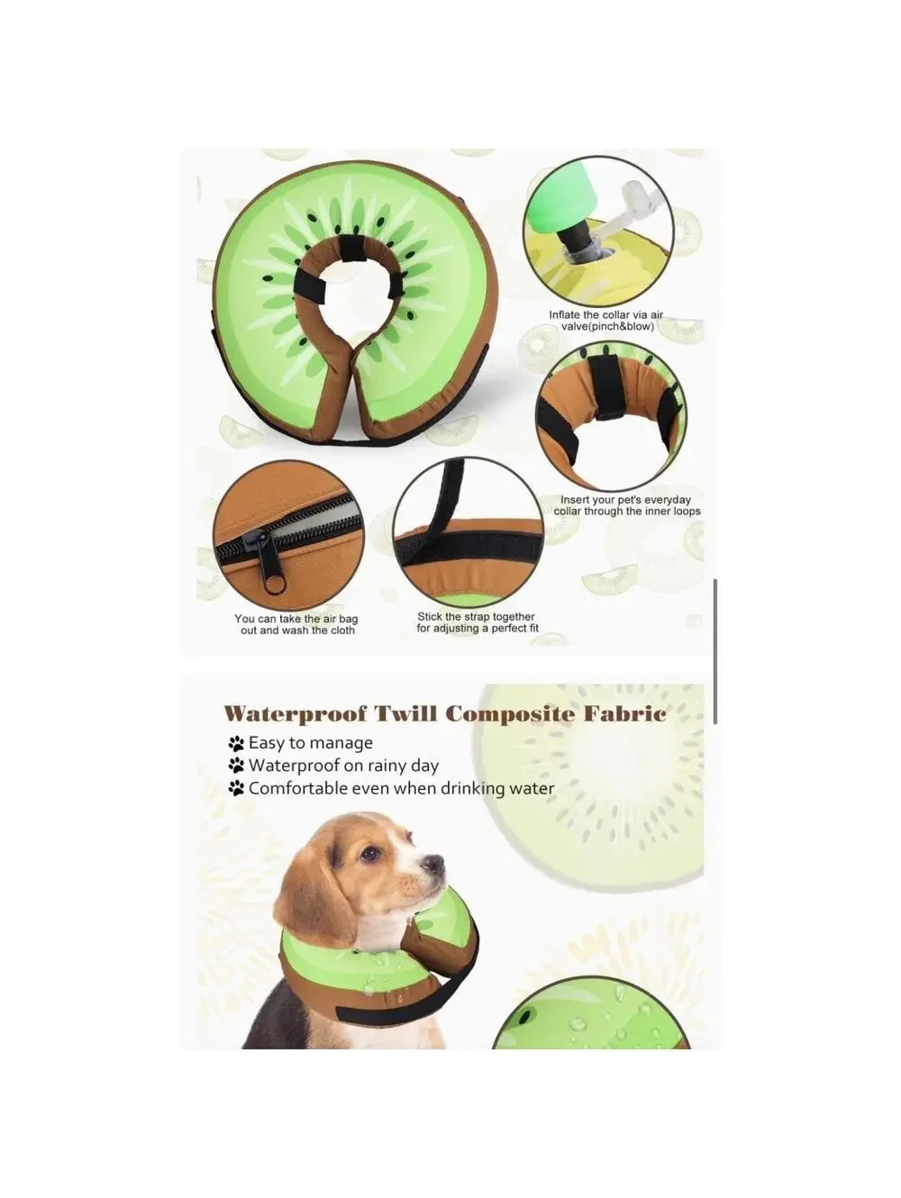 Inflatable Dog Cone Collar Alternative Post-Surgery Waterproof Kiwi Design